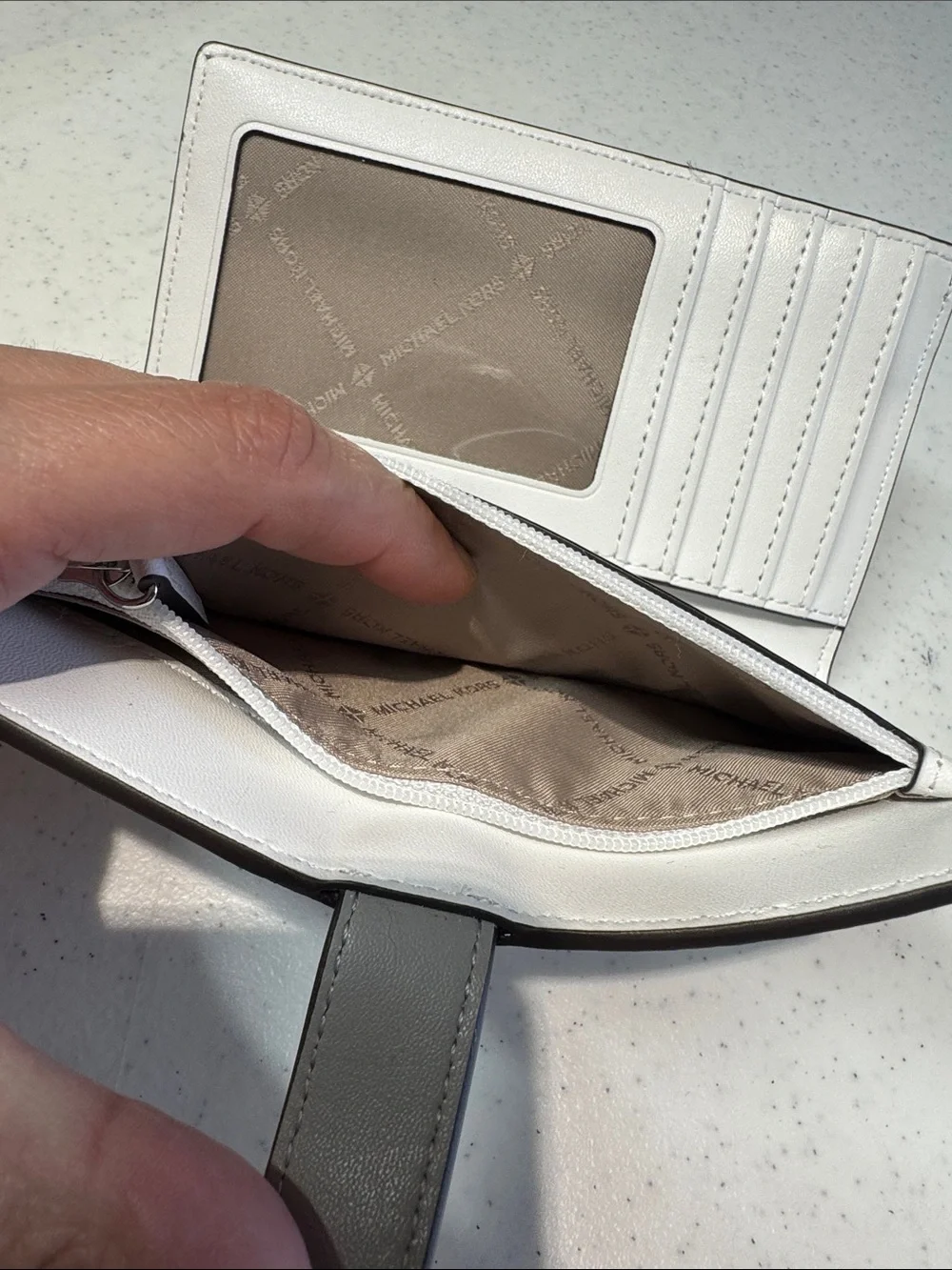 Michael Kors‎ White Wallet with Taupe Strap and Silver MK Emblem